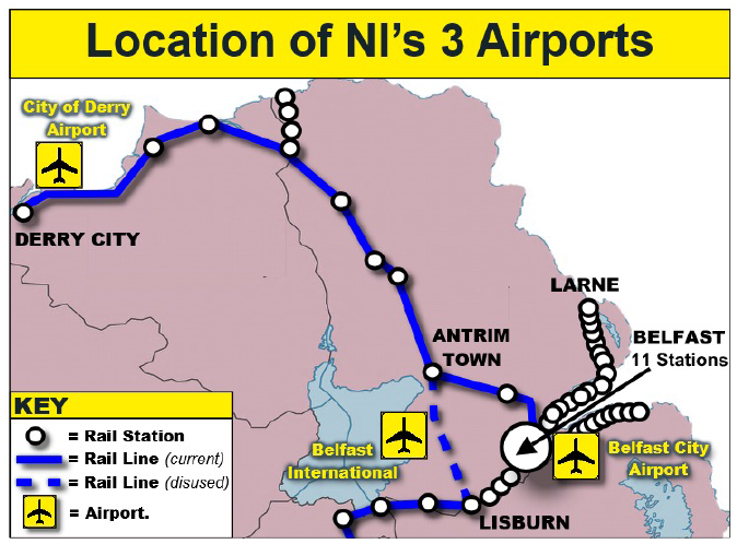 Map showing the three airports and rail connections